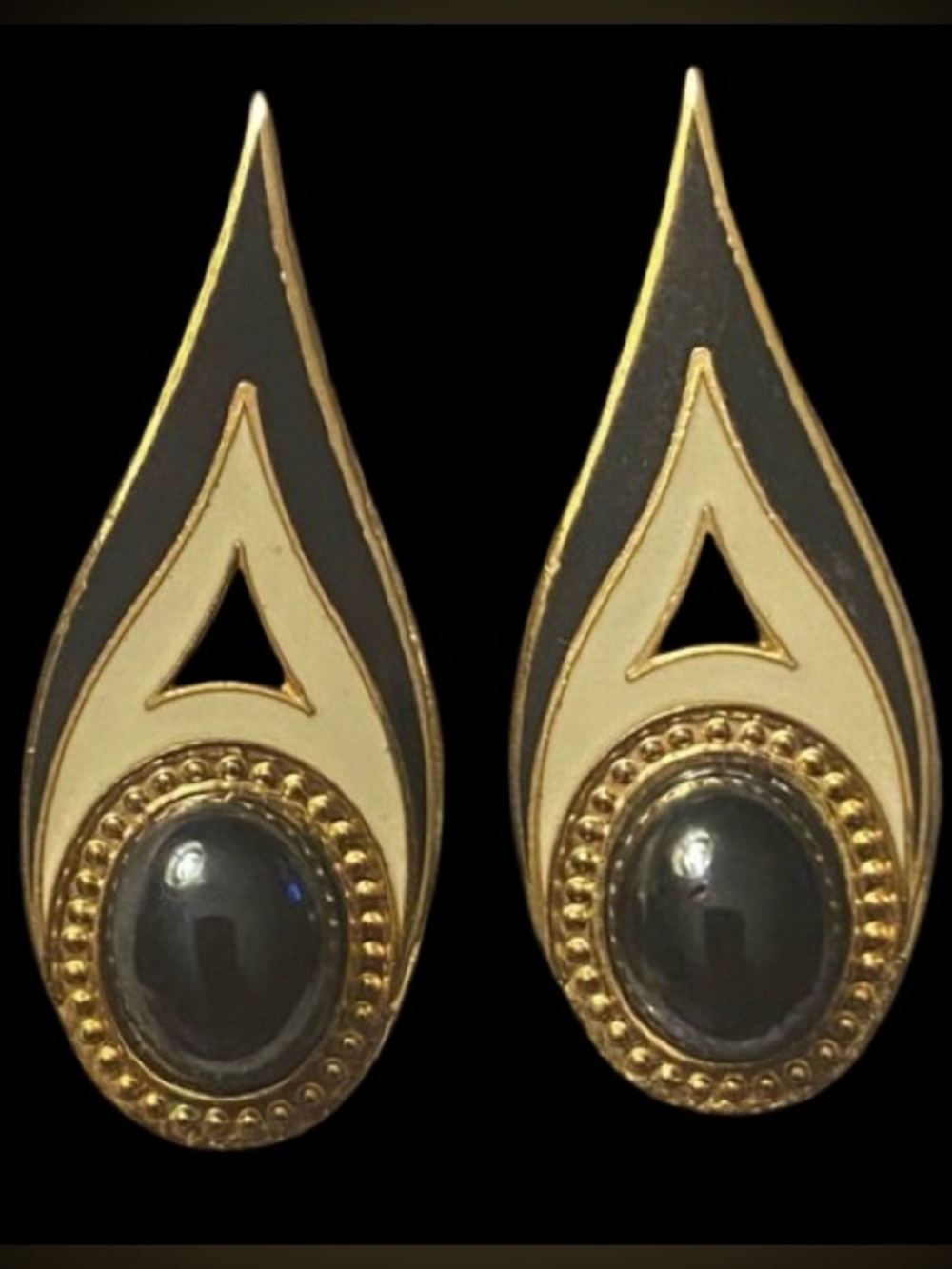 Black White Off Enamel Gold Metal Teardrop Stud Earrings Fish Enterprises Ltd